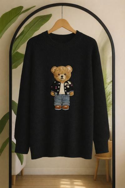 Ayıcık işlemeli Triko Tunik siyah TCN40142