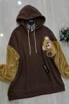 Ayıcıkdetaylı kapşonlu üçiplik sweat Kahve   UMS5009