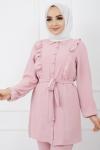 Ayrobin kumaş fırfırlı kuşaklı takım Pembe  UMS942