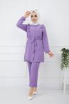 Ayrobin kumaş fırfırlı kuşaklı takım Lila    UMS942