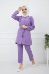 Ayrobin kumaş fırfırlı kuşaklı takım Lila    UMS942