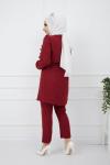Ayrobin kumaş fırfırlı kuşaklı takım Bordo     UMS942