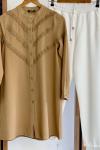 Ayrobin Kumaş dantel detaylı tunik Camel FİX1630