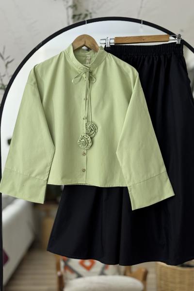 Bağcık Gül Detaylı Kısa gömlek Yeşil TB8519