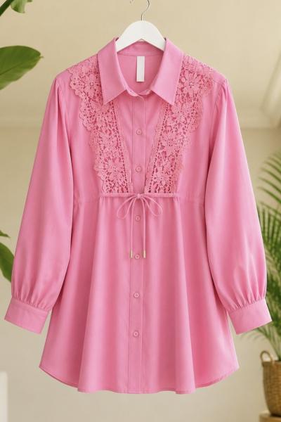 Bağcıklı Güpürlü Gömlek Tunik Pembe TB80113