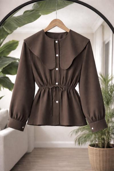 Bal lastikli mendil yaka kısa gömlek Kahve BK9567