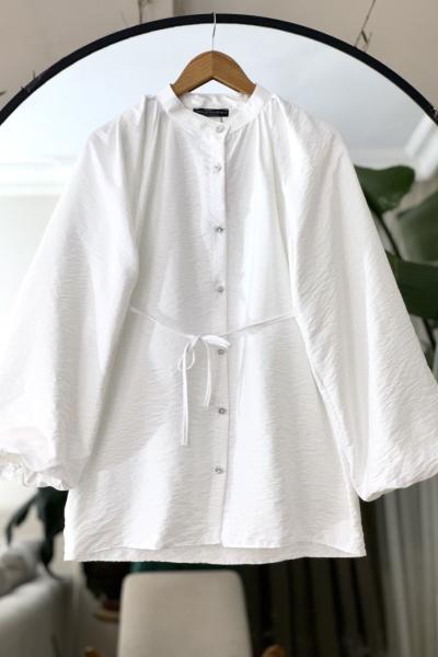 Balon kol  kuşaklı   Tunik beyaz NEW6047