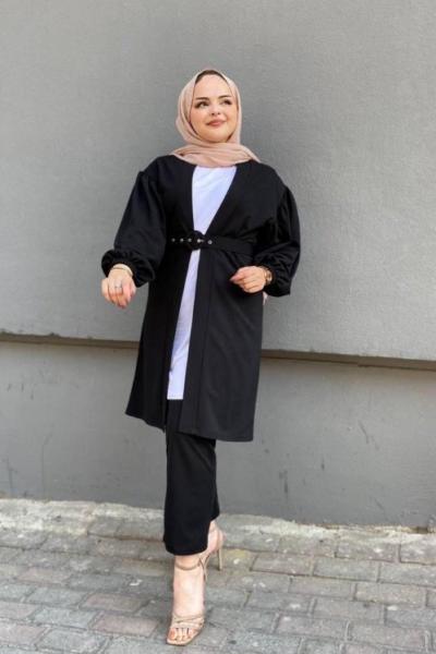 Balon kol Kemerli İçlikli Takım Siyah TCN1151