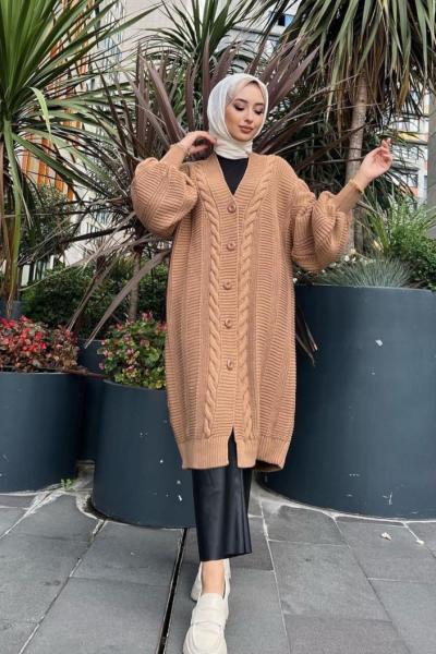 Balon kol Saçörgü salaş uzun hırka Camel TCN4013