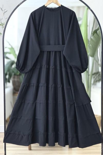Balonkol kuşaklı Etek fırfırlı Elbise Siyah UMS50280