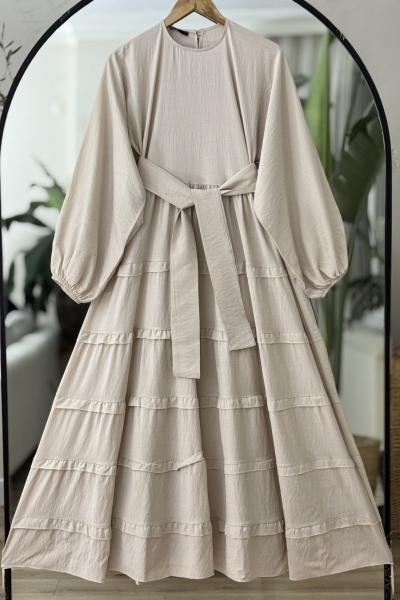 Balonkol kuşaklı Etek fırfırlı Elbise Bej UMS50280
