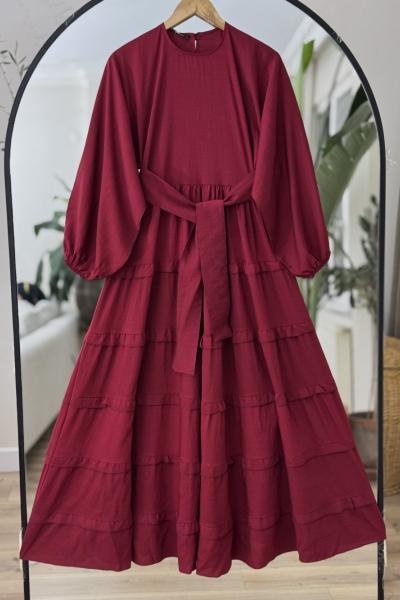 Balonkol kuşaklı Etek fırfırlı Elbise Bordo UMS50280