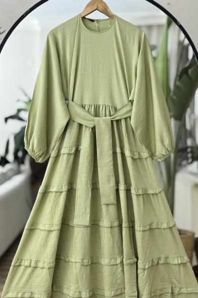 Balonkol kuşaklı Etek fırfırlı Elbise Yeşil UMS50280