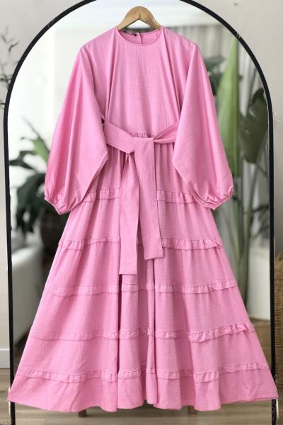 Balonkol kuşaklı Etek fırfırlı Elbise Pembe UMS50280