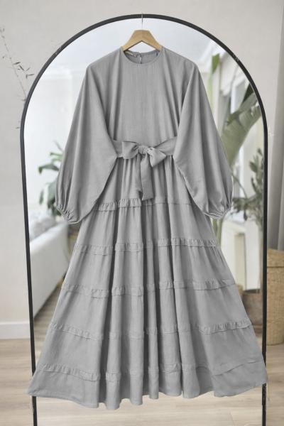 Balonkol  kuşaklı Etek fırfırlı  Elbise griUMS50280