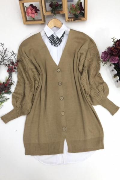 Balonkol kol örgülü Triko Hırka camel  SLT1292