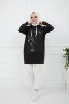 Baskılı Taş Detaylı Kapşonlu Tunik Siyah SHR936