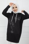 Baskılı Taş Detaylı Kapşonlu Tunik Siyah SHR936