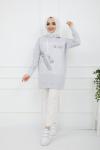 Baskılı Taş Detaylı Kapşonlu Tunik Griy SHR936