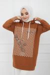 Baskılı Taş Detaylı Kapşonlu Tunik Tarçın  SHR936