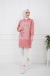 Baskılı Taş Detaylı Kapşonlu Tunik Pudra SHR936