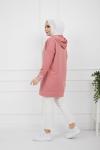 Baskılı Taş Detaylı Kapşonlu Tunik Pudra SHR936