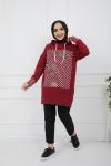 Baskılı Taş Detaylı Kapşonlu Tunik bordo  SHR936