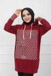 Baskılı Taş Detaylı Kapşonlu Tunik bordo  SHR936