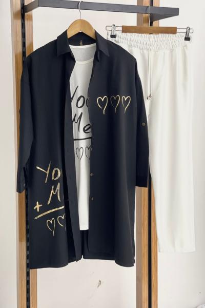 Baskılı içlikli gömlek yaka ceket Siyah SHR1588