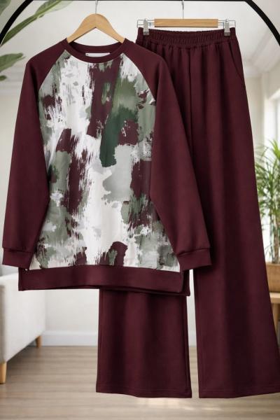 Batik Desen oysh Pantolonlu Takım Bordo HT8072