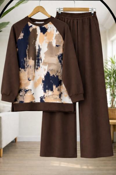 Batik Desen oysh Pantolonlu Takım  Kahve HT8072