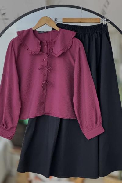 Bebe yaka fırfırlı fiyonk Detaylı Gömlek Bordo NW6052