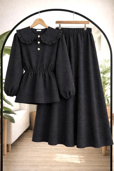 Bebe yaka  Bel lastikli etekli Takım Siyah NW8098