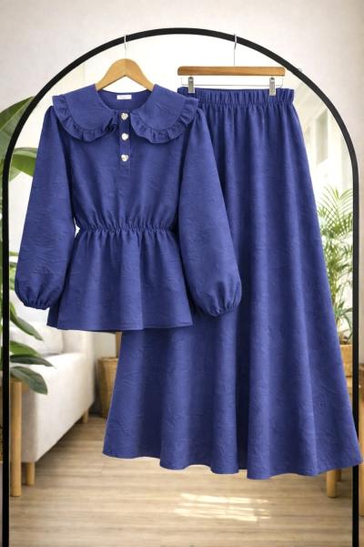 Bebe yaka  Bel lastikli etekli Takım İndigo NW8098