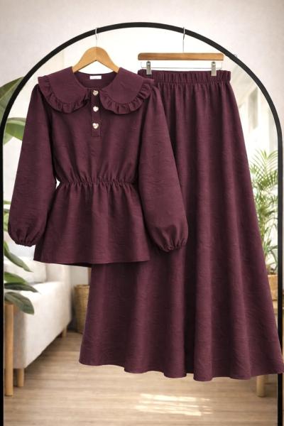 Bebe yaka  Bel lastikli etekli Takım Mürdüm NW8098