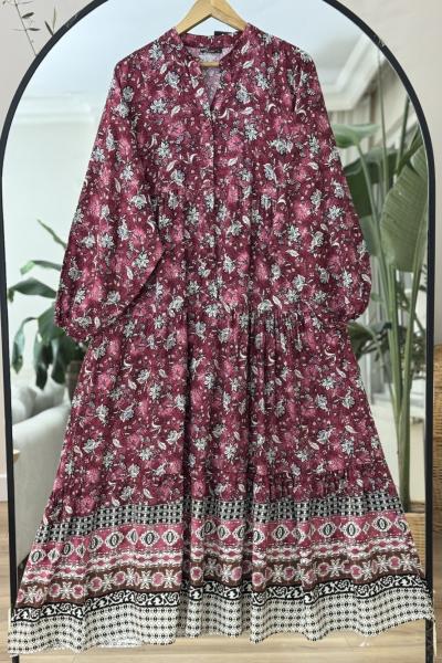 Bekay  Patlı Yarım Düğmeli Salaş Elbise Bordo UMS50274