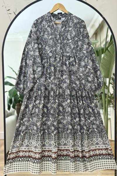 Bekay  Patlı Yarım Düğmeli Salaş Elbise Antrasit UMS50274