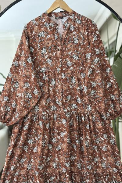 Bekay  Patlı Yarım Düğmeli Salaş Elbise Kahve UMS50274