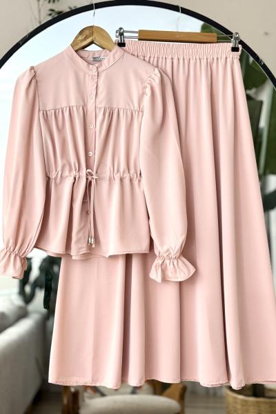 Bel Bağcıklı Dubai Etek blüz takım Pudra UMS50297