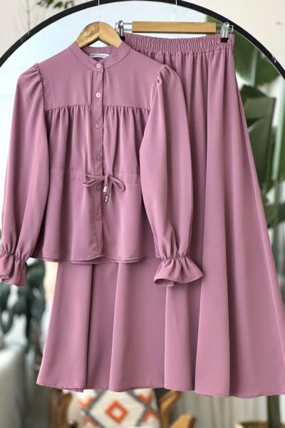 Bel Bağcıklı Dubai Etek blüz takım Gül UMS50297