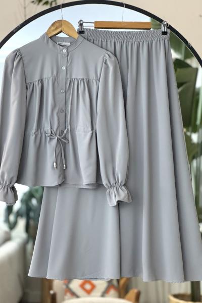 Bel Bağcıklı Dubai Etek blüz takım Gri UMS50297