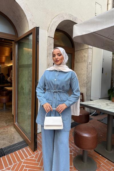 Bel bağcıklı cepli Kot takım  Mavi YRN30542