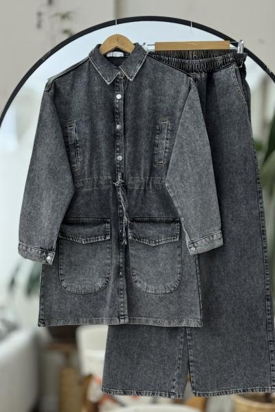 Bel bağcıklı cepli Kot takım Antrasit YRN30542