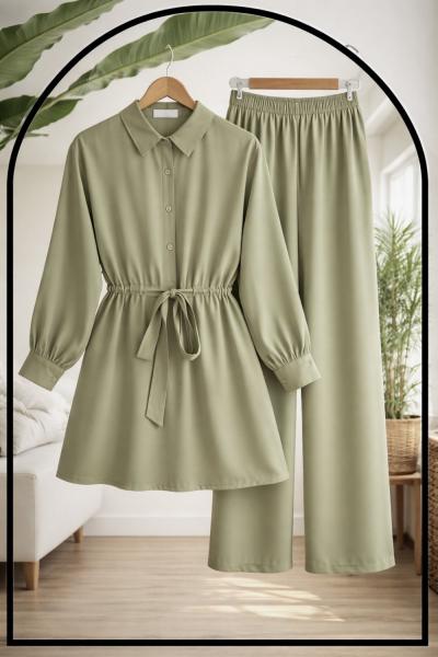 Bel Bağcık Yarım Düğmeli pantolonlu Takım Yeşil TCN40155