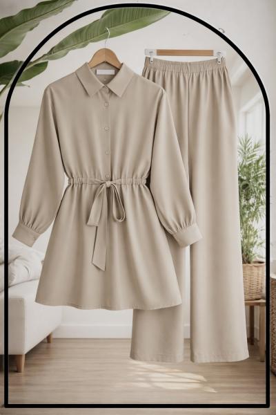 Bel Bağcık Yarım Düğmeli pantolonlu Takım Bej  TCN40155