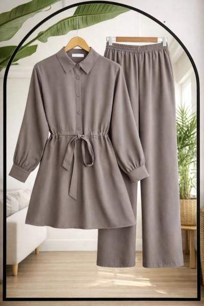 Bel Bağcık Yarım Düğmeli pantolonlu Takım Vizon  TCN40155