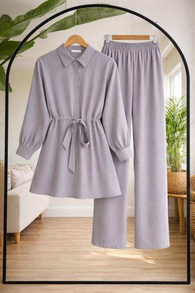 Bel Bağcık Yarım Düğmeli pantolonlu Takım GriTCN40155