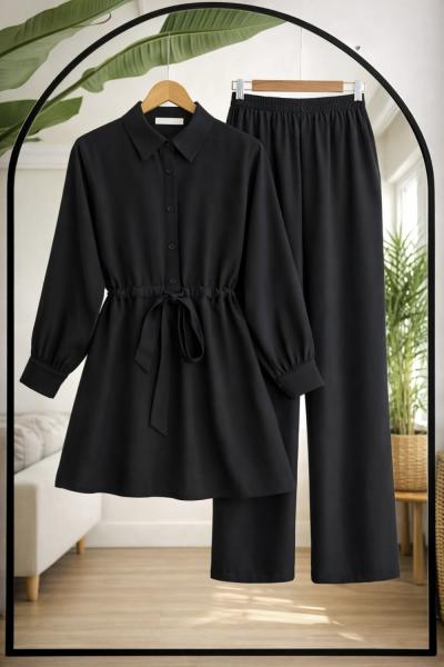Bel Bağcık Yarım Düğmeli pantolonlu Takım Siyah TCN40155