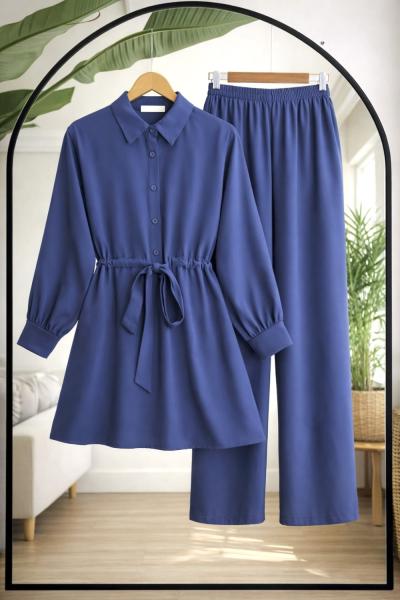 Bel Bağcık Yarım Düğmeli pantolonlu Takım İndigo TCN40155