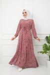 Bel Bağcıklı Viskon Kumaş Elbise Bordo  HBS1185